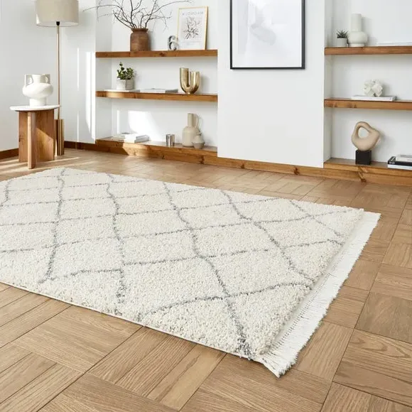 Abstract Shaggy Rug with Fringe - Cream image