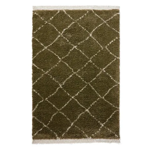 Abstract Shaggy Rug with Fringe - Green