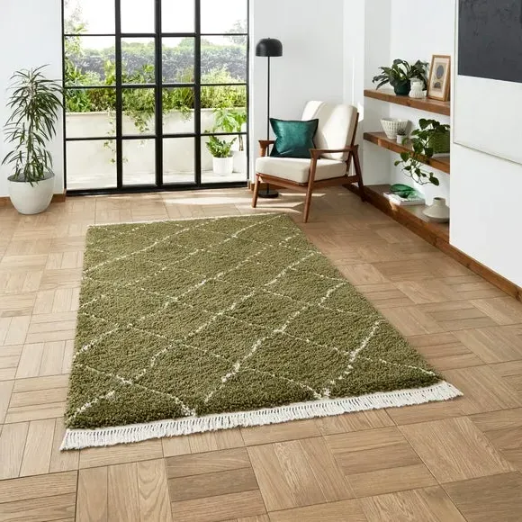 Abstract Shaggy Rug with Fringe - Green
