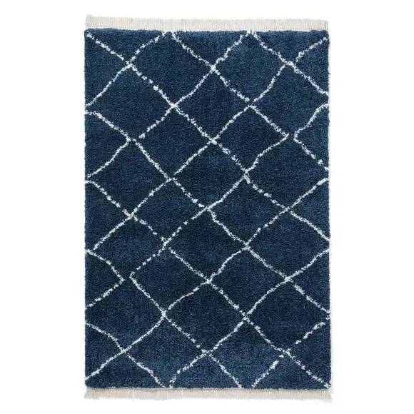 Abstract Shaggy Rug with Fringe - Navy