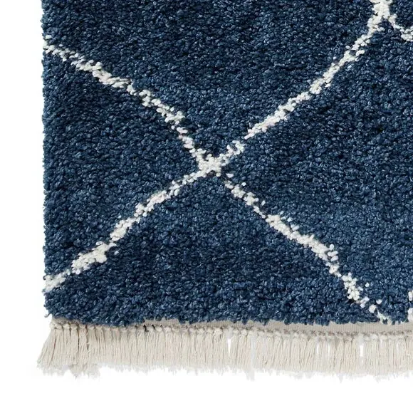 Abstract Shaggy Rug with Fringe - Navy