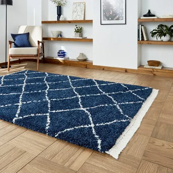 Abstract Shaggy Rug with Fringe - Navy