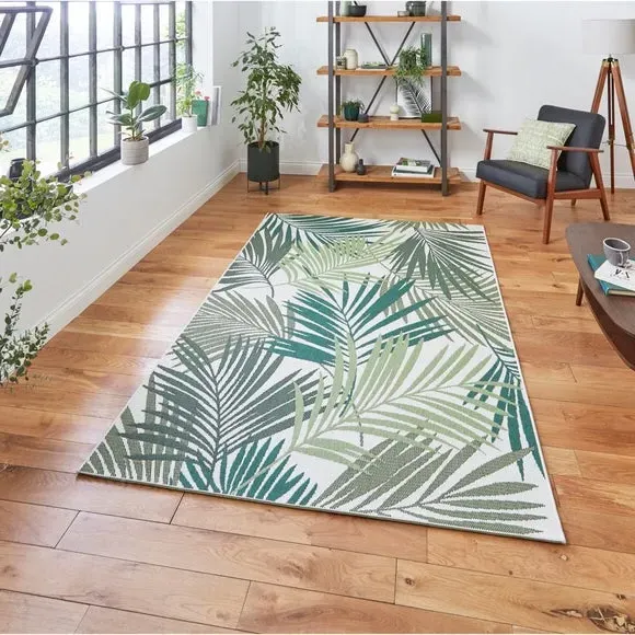 Leaf Print Indoor Outdoor Rug - Green, Polypropylene