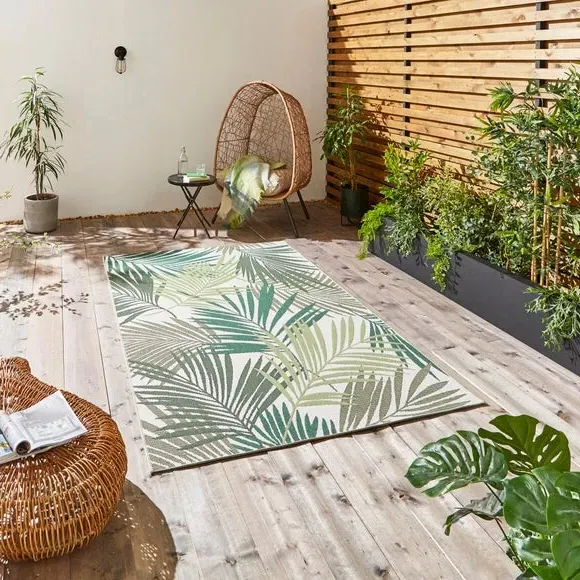 Leaf Print Indoor Outdoor Rug - Green, Polypropylene