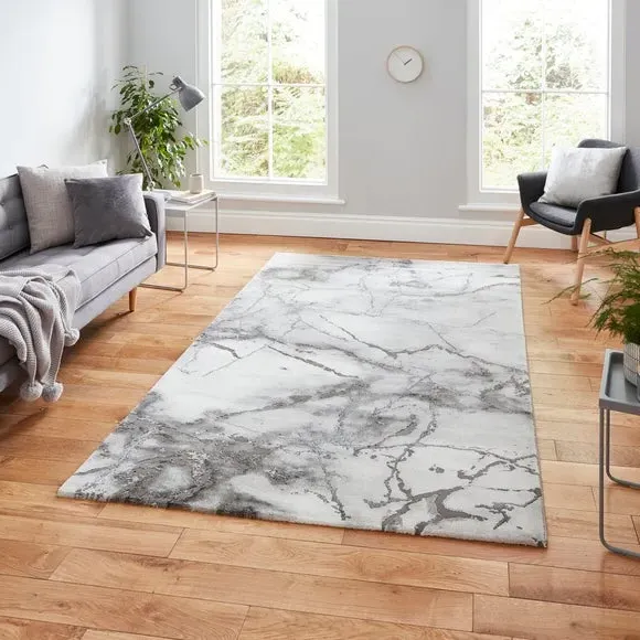 Marble Design Rug with 3D Effect - Silver, Polypropylene