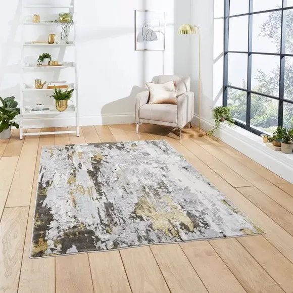 Marble Effect Rug with Metallic Look - Gold