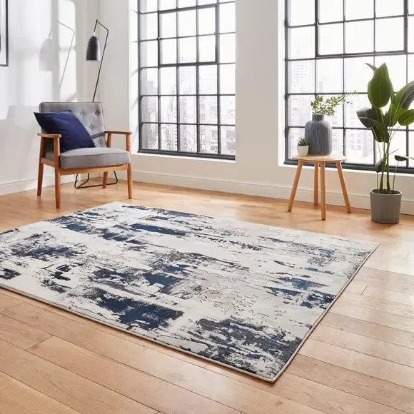 Marble Effect Rug with Metallic Look - Navy