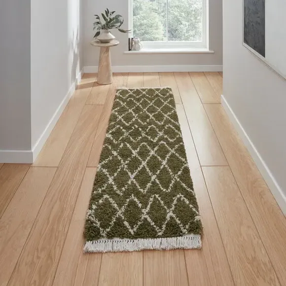 Runner Rug with Berber Design - Green, Polypropylene