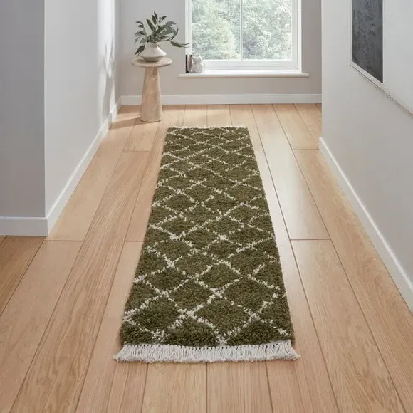 Runner Rug with Fringed Edge - Green, Shaggy