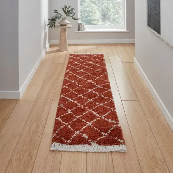 Runner Rug with Fringed Edge - Rust, Shaggy