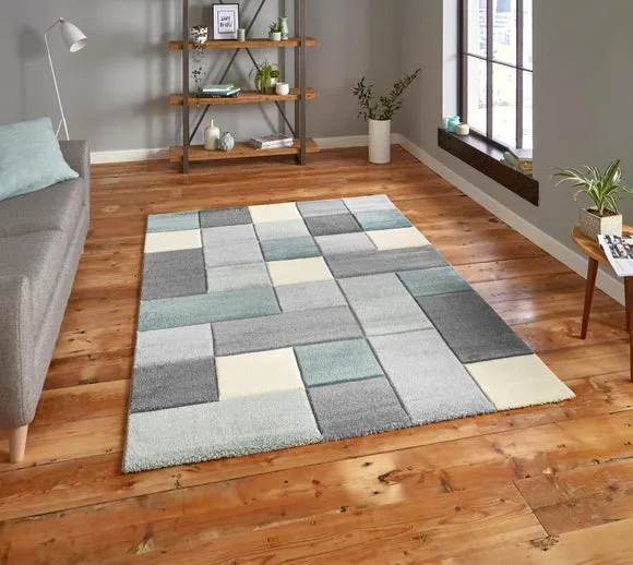 Tile Design Rug Hand Carved - Beige Blue, Polypropylene image