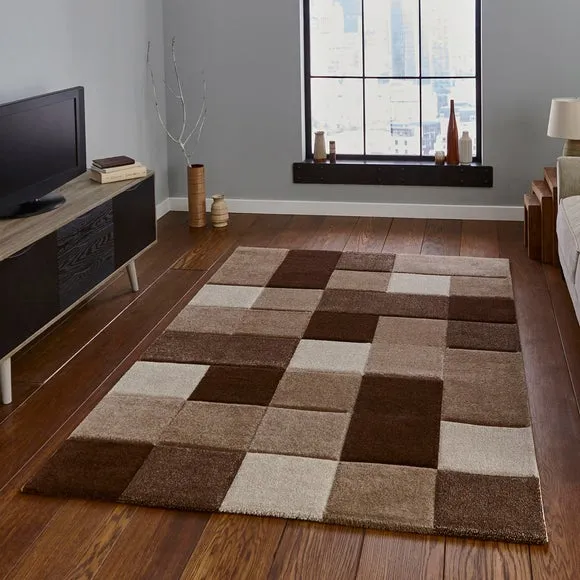 Tile Design Rug Hand Carved - Beige Brown, Polypropylene