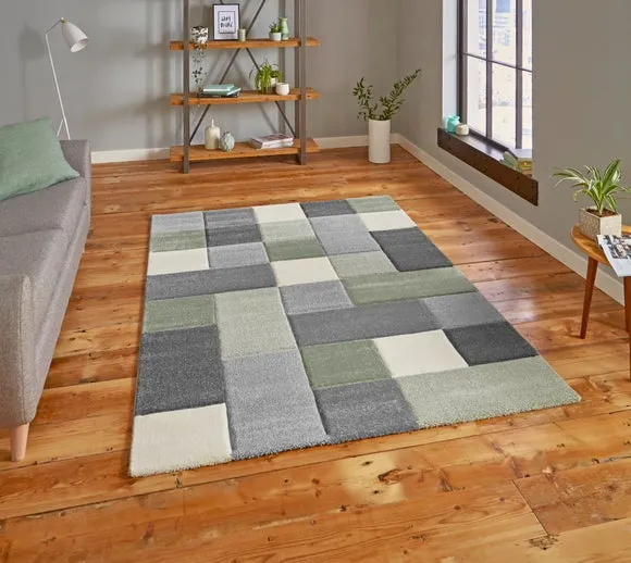 Tile Design Rug Hand Carved - Beige Green, Polypropylene