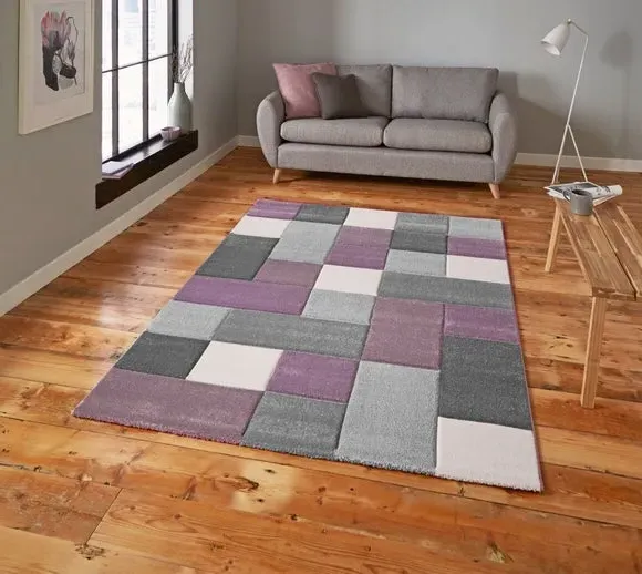 Tile Design Rug Hand Carved - Beige Purple, Polypropylene