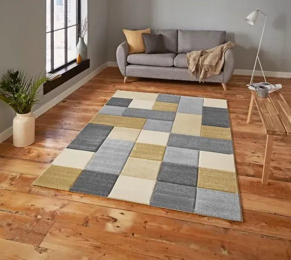 Tile Design Rug Hand Carved - Beige Yellow, Polypropylene