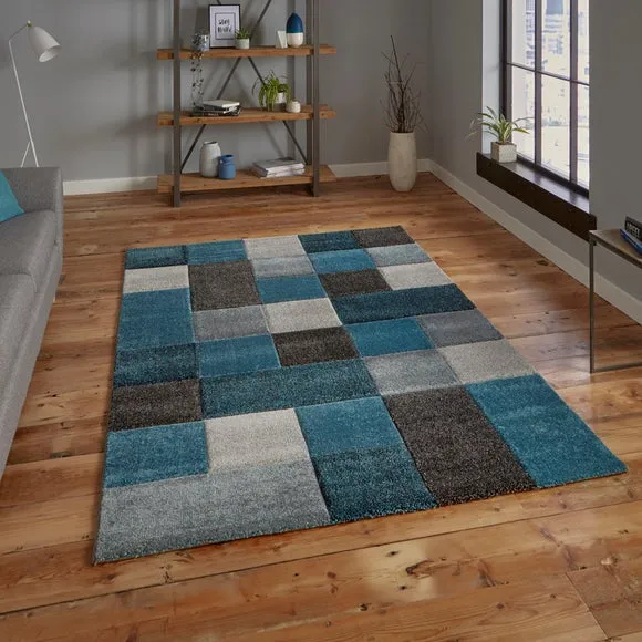 Tile Design Rug Hand Carved - Blue Grey, Polypropylene