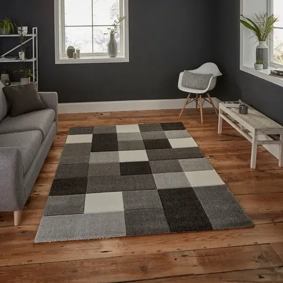 Tile Design Rug Hand Carved - Grey, Polypropylene