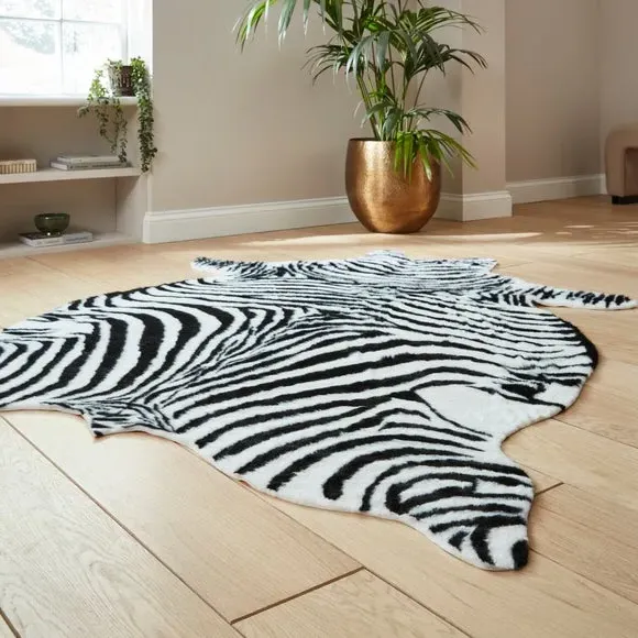 Zebra Print Rug - Black/White, Faux Fur
