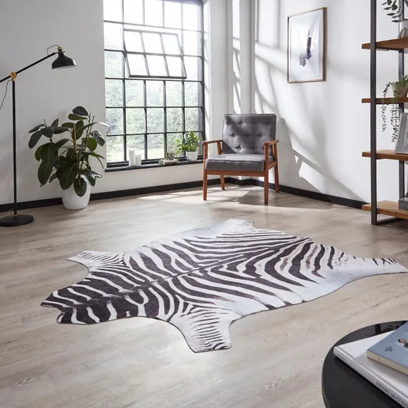 Zebra Print Rug - Black/White, Synthetic