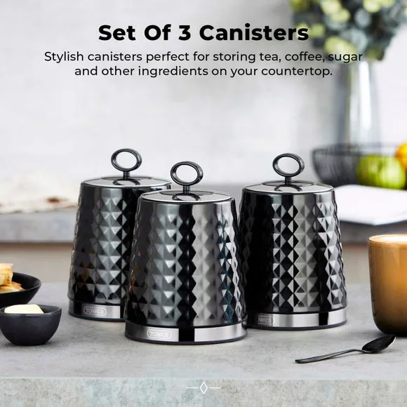 3-Piece Kitchen Canister Set - Black, Steel