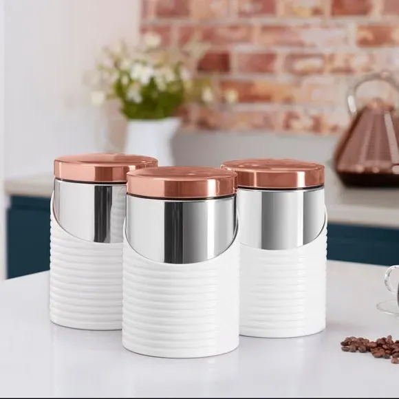 3-Piece Kitchen Canister Set - White, Steel