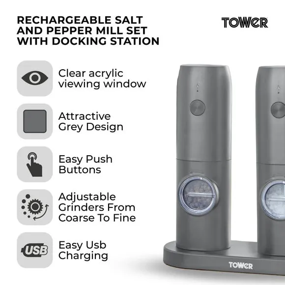 Rechargeable Salt & Pepper Mill Set - Grey
