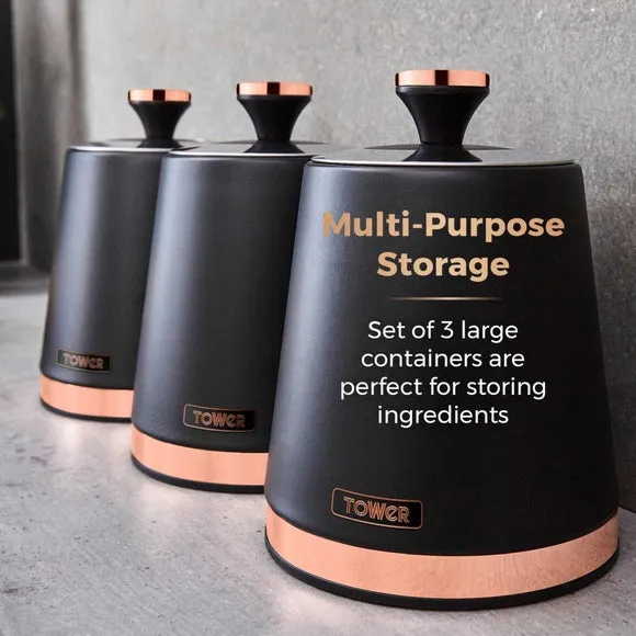 Set of 3 Kitchen Canisters - Black, Carbon Steel