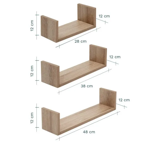 3-Piece U-Shaped Wall Shelves - Light Oak
