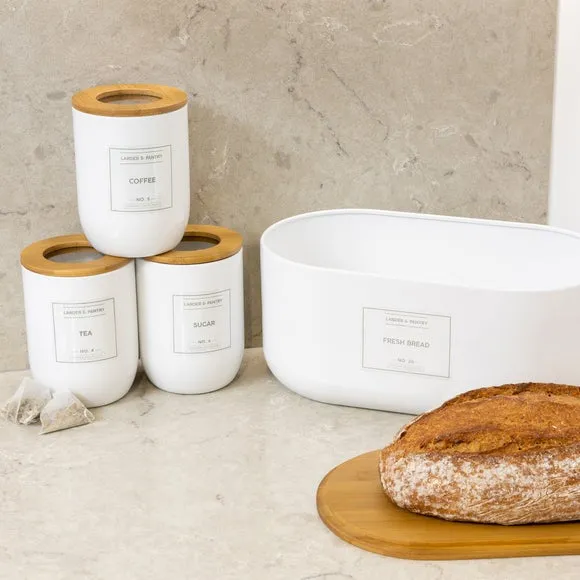Bread Bin with Labels - White, Carbon Steel