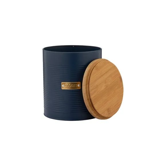 Round Biscuit Tin with Bamboo Lid - Navy, Steel