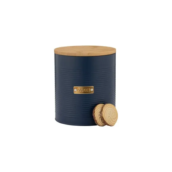 Round Biscuit Tin with Bamboo Lid - Navy, Steel