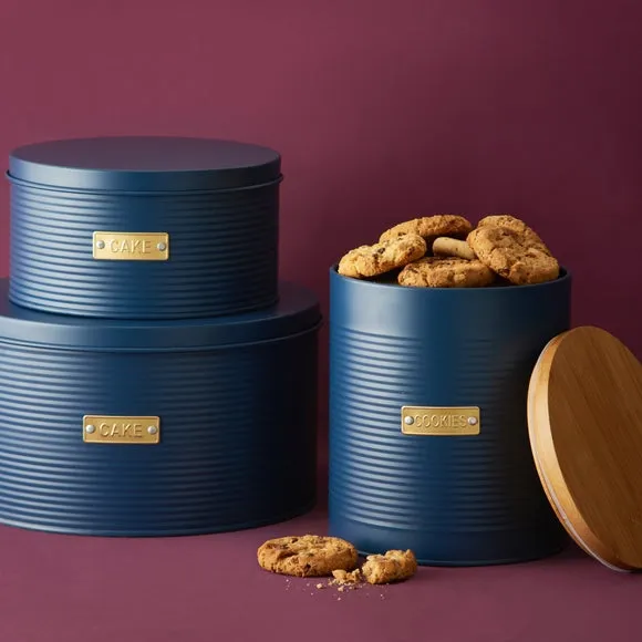 Round Biscuit Tin with Bamboo Lid - Navy, Steel