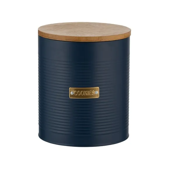 Round Biscuit Tin with Bamboo Lid - Navy, Steel image