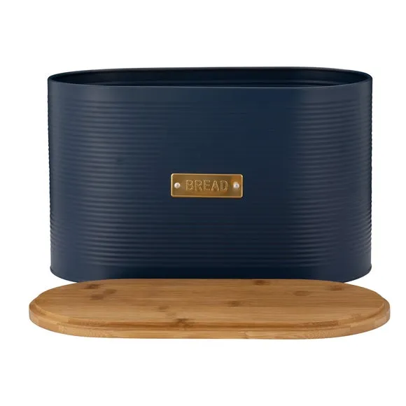 Round Bread Bin with Bamboo Lid - Navy, Steel