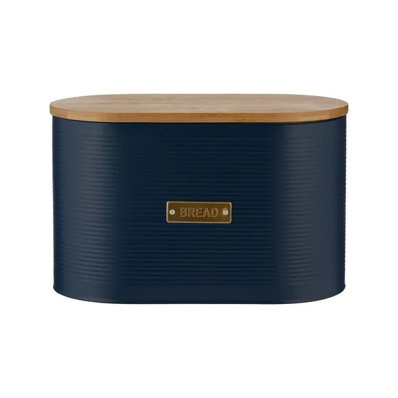 Round Bread Bin with Bamboo Lid - Navy, Steel