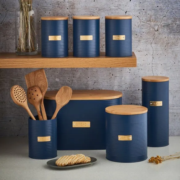Round Bread Bin with Bamboo Lid - Navy, Steel