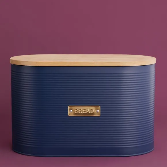 Round Bread Bin with Bamboo Lid - Navy, Steel image