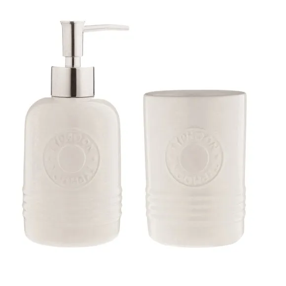 Soap Dispenser & Tumbler Set - Cream, Ceramic