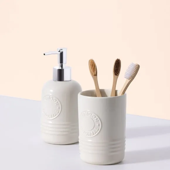 Soap Dispenser & Tumbler Set - Cream, Ceramic image