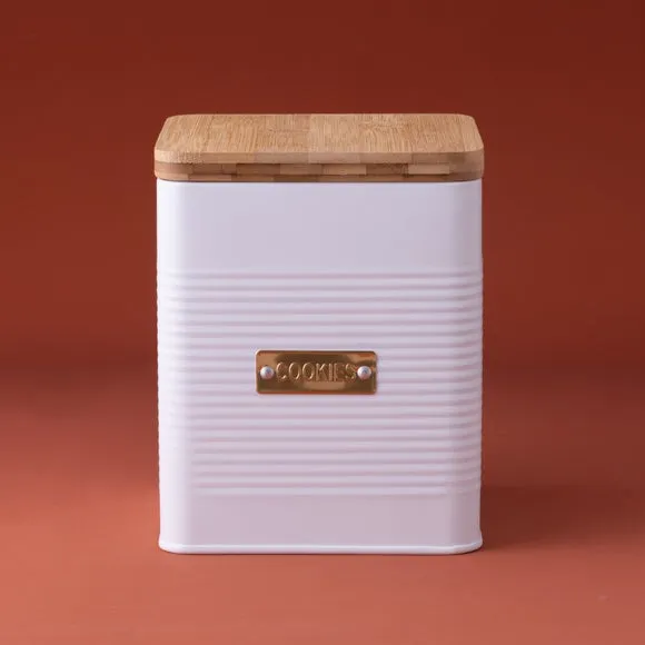 Square Biscuit Tin with Bamboo Lid - White