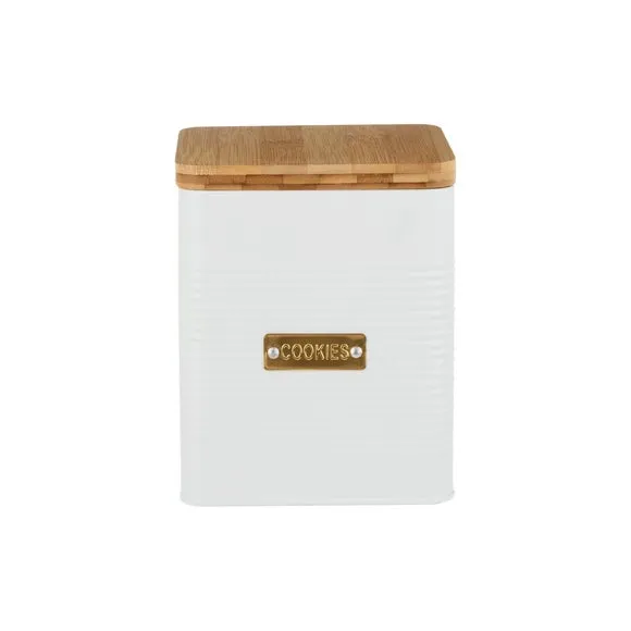 Square Biscuit Tin with Bamboo Lid - White