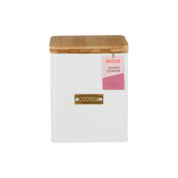 Square Biscuit Tin with Bamboo Lid - White