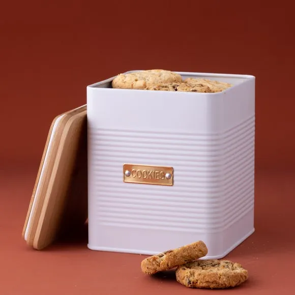 Square Biscuit Tin with Bamboo Lid - White image