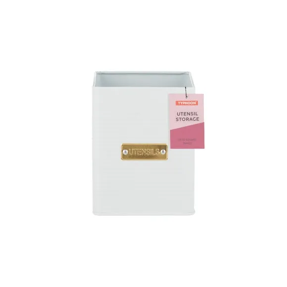 Square Utensil Pot with Gold Badge - White