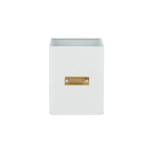 Square Utensil Pot with Gold Badge - White