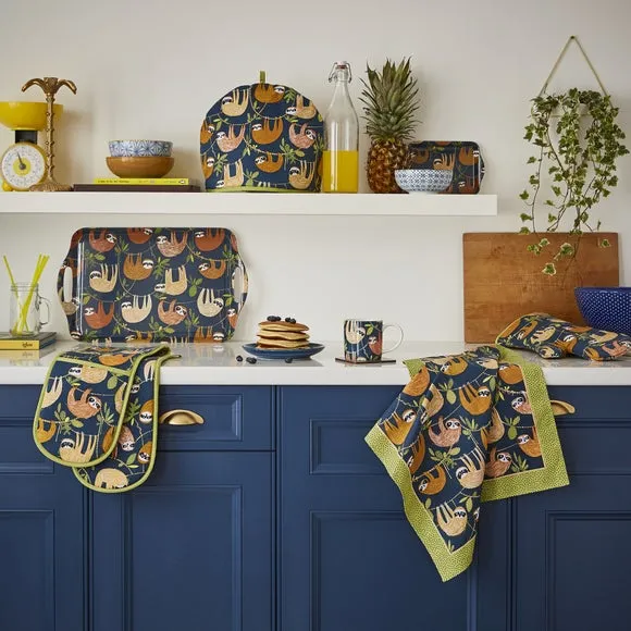 Cotton Tea Towel with Sloth Print - Blue