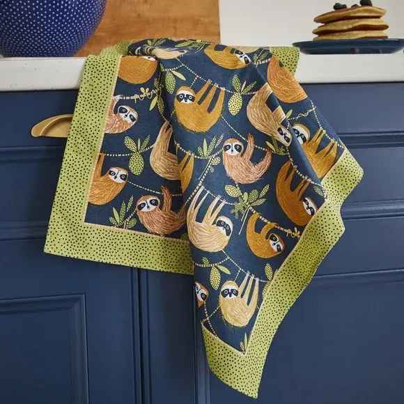 Cotton Tea Towel with Sloth Print - Blue image