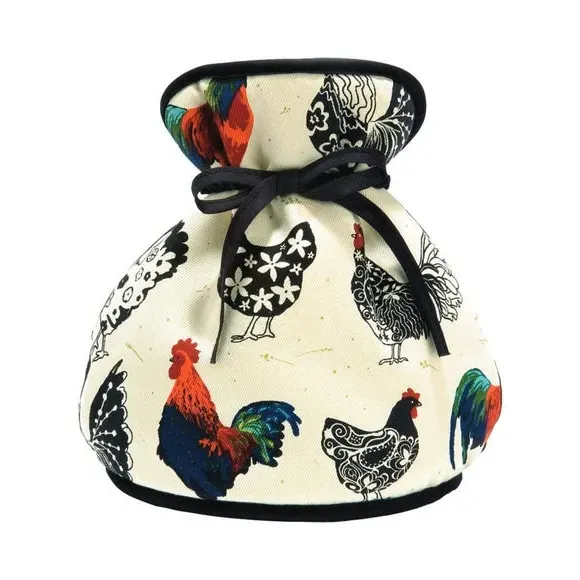 Muff Tea Cosy with Rooster Print - Off-White, Cotton