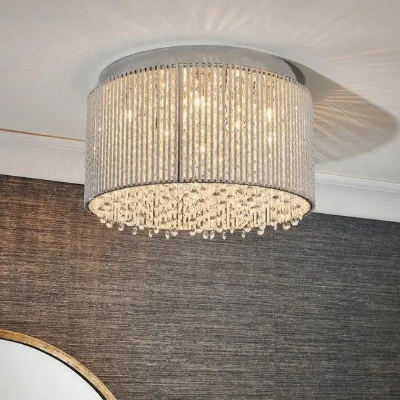 10 Light Flush Ceiling Light - Silver, Crystal