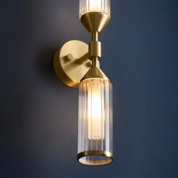 2 Light Wall Light with Ribbed Glass - Gold